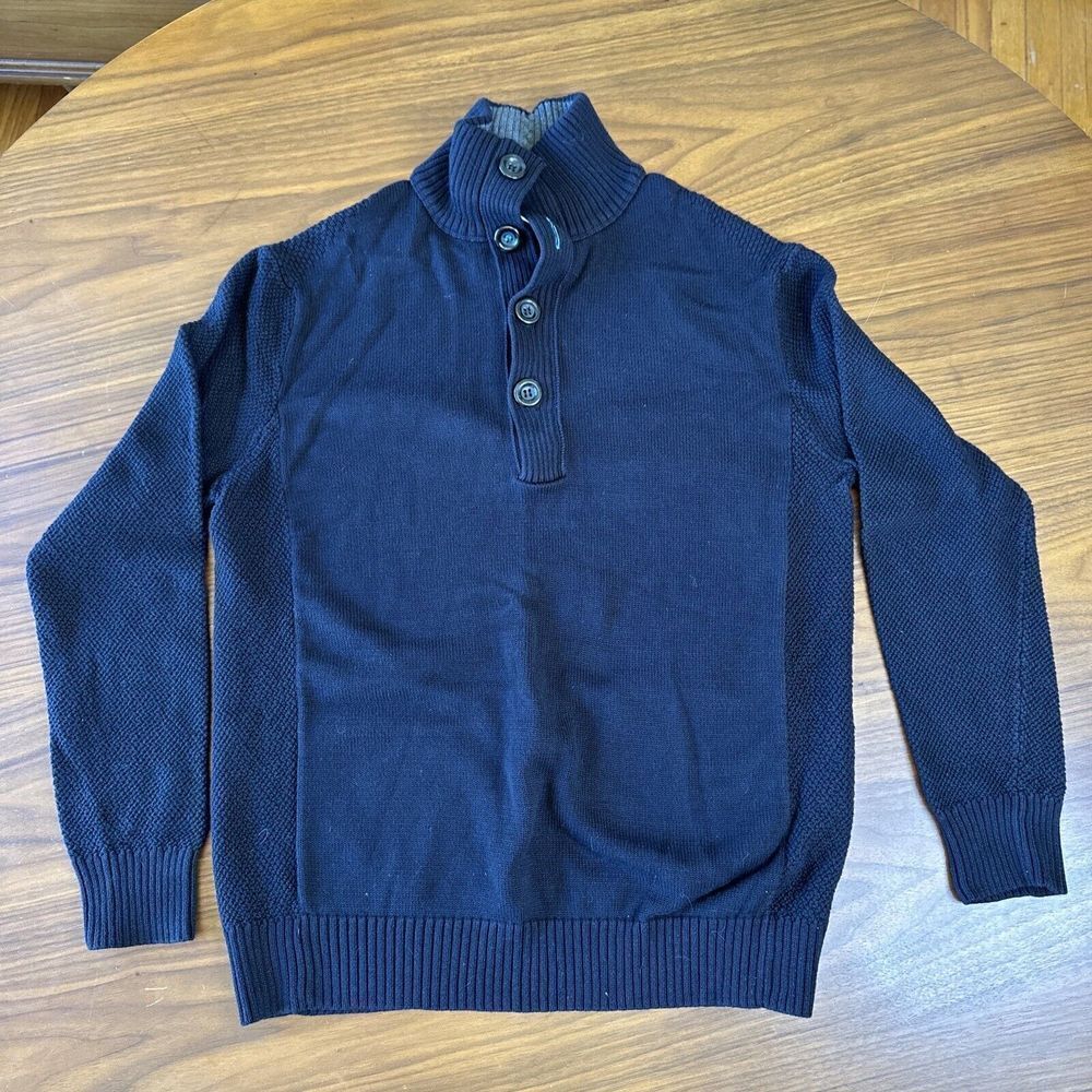 Carbon2Cobalt Men's Sweater Medium Mid Blue Black Quarter Button Pullover Knit